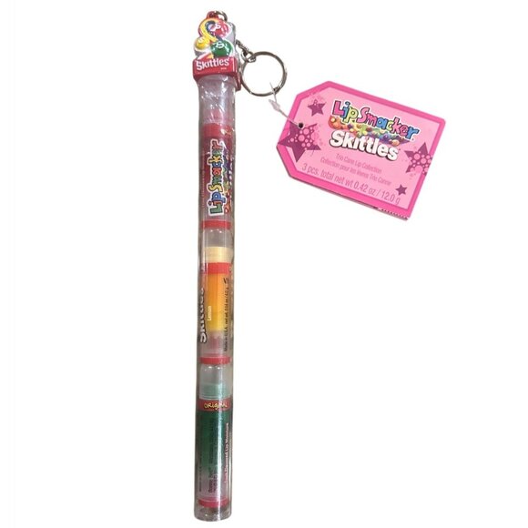 Vintage Lip Smacker SKITTLES Trio Lip Balm Cane Keychain Gift Set BUBBLE FONT - Picture 1 of 9